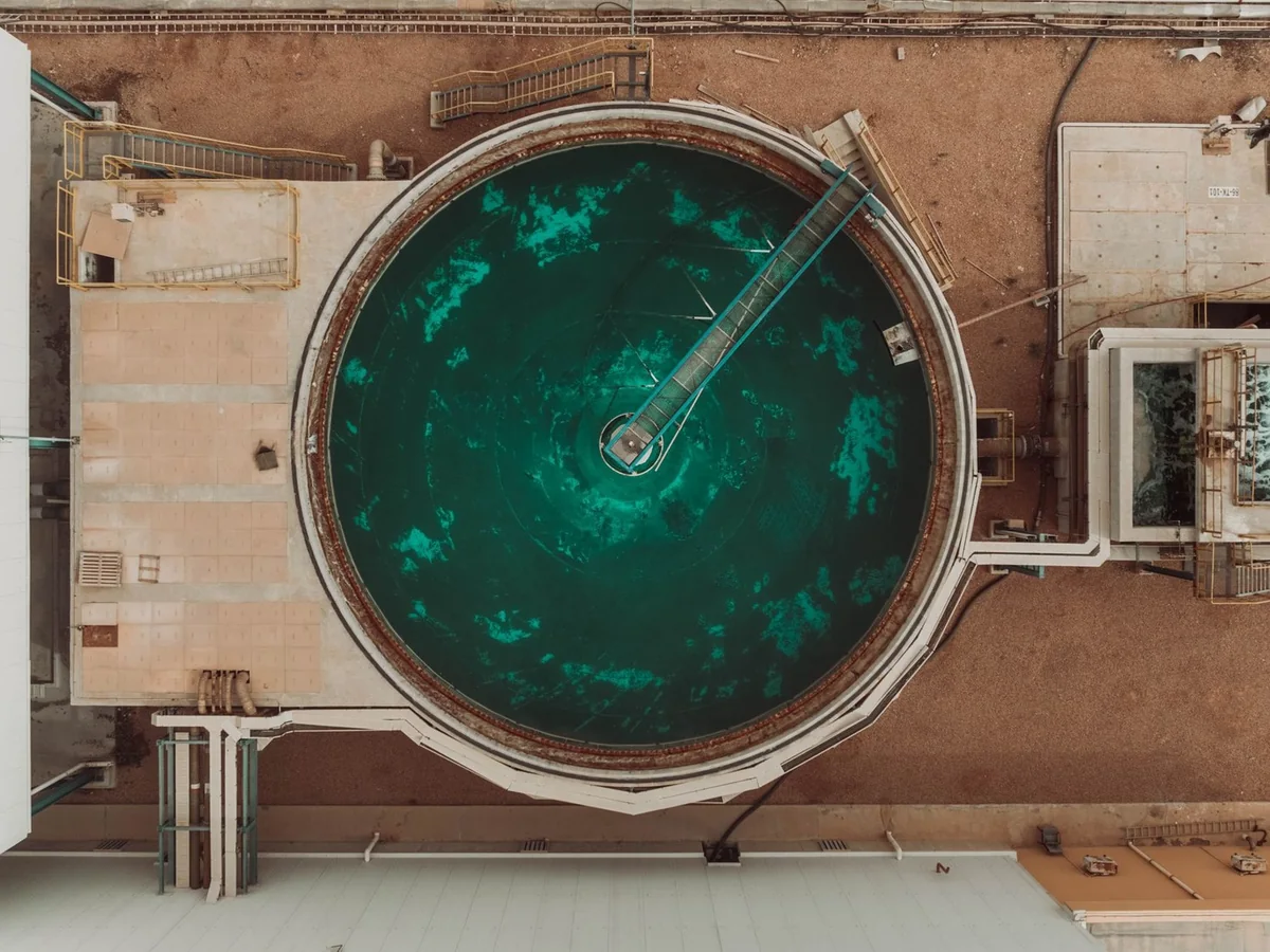 Illustrative aerial photograph of circular water-treatment infrastructure